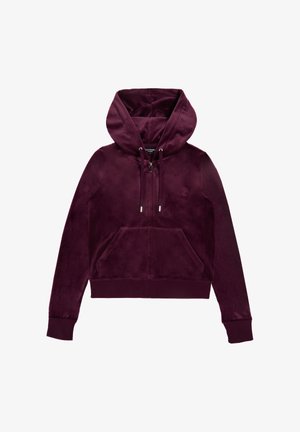 Bordeaux kleurige zip-up hoodie van zachte, gestructureerde stof met een getailleerd ontwerp, voorzakken en een verstelbare capuchon met trekkoord. Subtiele logodetail op de borst.