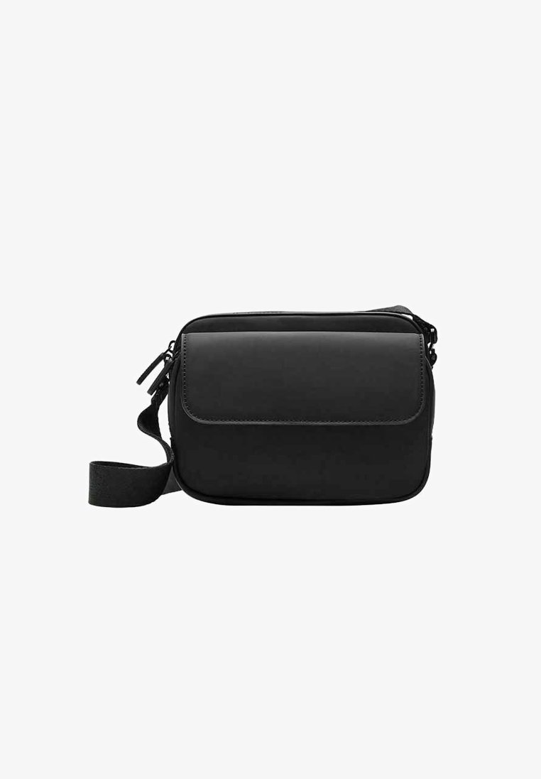 Black rectangular crossbody bag with front flap and adjustable strap, displayed on a white background.