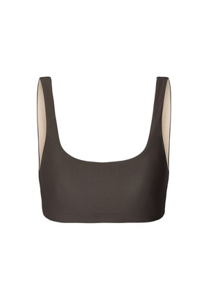Ciemnobrązowy biustonosz typu bralette z kwadratowym dekoltem i szerokimi ramiączkami, o gładkiej fakturze i częściowym beżowym podszewką wewnątrz.