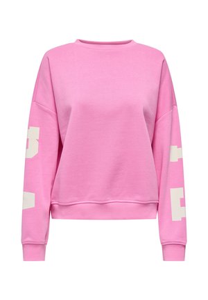 Sudadera rosa de manga larga con escote redondo y puños acanalados, con grandes letras blancas en bloque en ambas mangas.