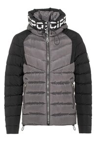 Chaqueta de plumas en gris y negro, con un alto cuello, cierre de cremallera y paneles texturizados. Incluye bolsillos laterales con cremallera y capucha con cordón.