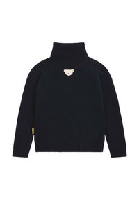 Maglione lavorato a maglia navy con colletto alto. Presenta un design di orso ricamato sul petto e un'etichetta gialla sul lato. Vestibilità classica.