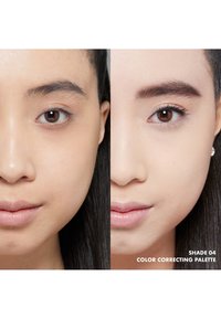 Démonstration d'une palette de correction des couleurs avec deux visages côte à côte ; le côté gauche montre une peau naturelle, tandis que le côté droit présente un teint de peau amélioré et uniforme.