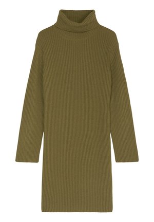 Lange olijfgroene geribde gebreide trui jurk met col en lange mouwen.