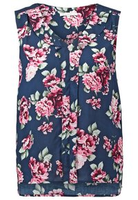 Blouse sans manches bleu marine avec imprime floral rose et bordeaux et un col arrondi.