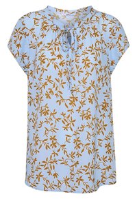 Blusa azzurro chiaro con maniche corte, caratterizzata da un motivo a foglie dorate, un collo arricciato e un dettaglio con fiocco sul davanti. Tessuto morbido al tatto.