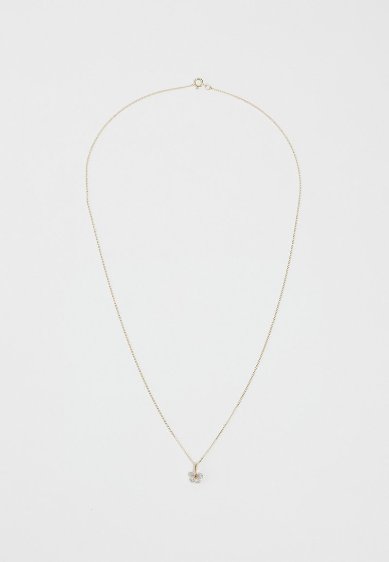Gold chain necklace with a delicate, thin design; features a small, floral-shaped pendant adorned with a clear gemstone.