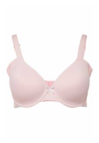 Vaaleanpunainen pehmustettu rintaliivi, jossa on säädettävät henkselit, pitsikoristeet reunoilla ja pieni valkoinen nauhaketju keskellä etulukossa.