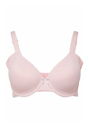 Lichtroze gewatteerde beha met verstelbare bandjes, kantaccenten langs de randen en een klein wit strikje bij de sluiting aan de voorkant.