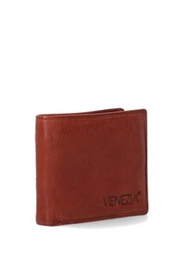 Brown leather wallet with a smooth texture, bi-fold design, and embossed "VENEZIA" logo. Features rounded edges and minimal stitching details.