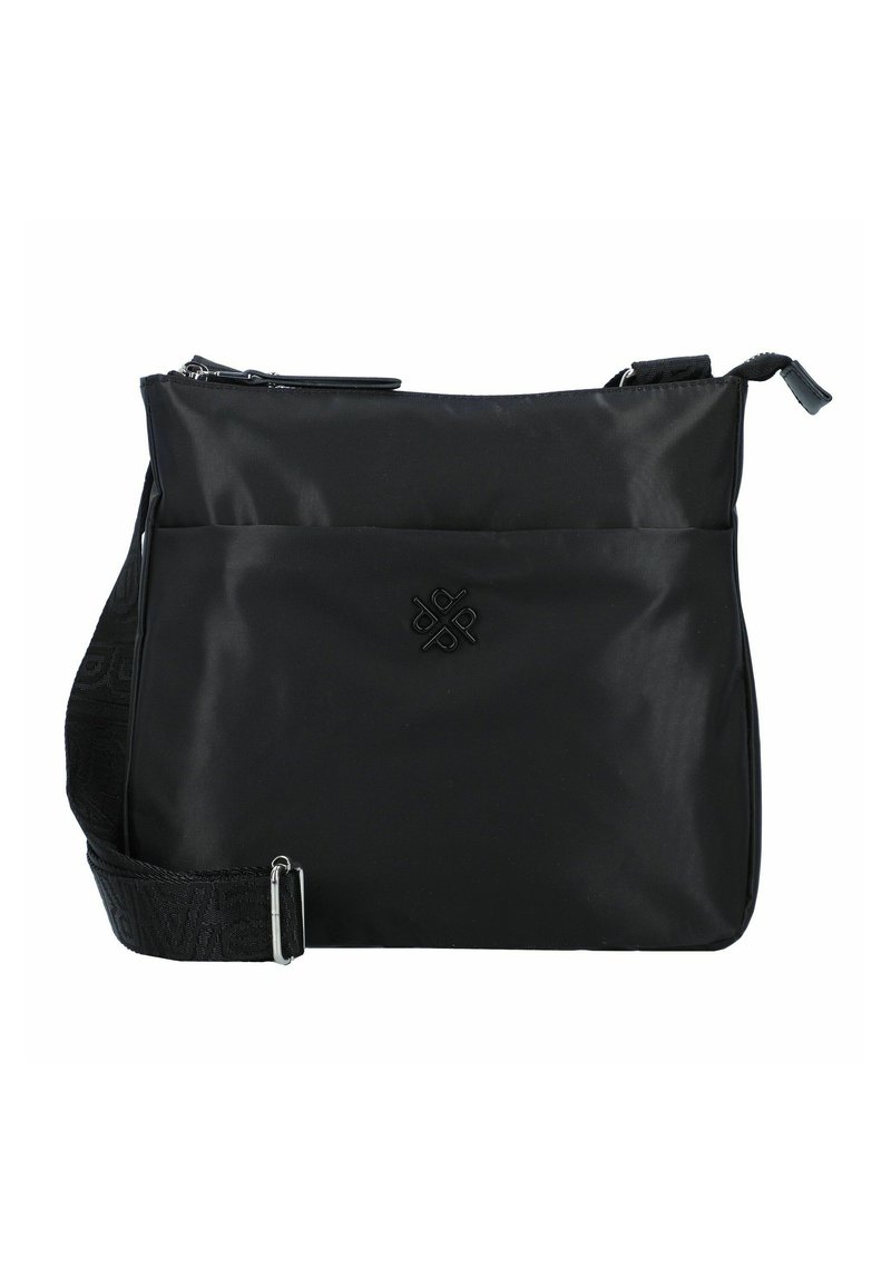 Bolso cruzado negro de nailon con forma estructurada, cierre con cremallera, bolsillo frontal y correa ajustable con patrón. Detalle del logo texturizado visible.