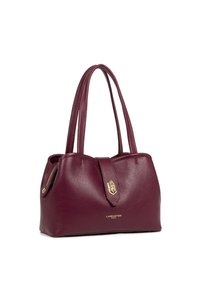Sac à main en cuir bordeaux avec une forme structurée, deux poignées, des accents en métal doré et une surface texturée. Logo de la marque affiché à l'avant.