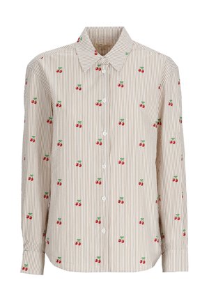 Camicia a righe beige e bianche a maniche lunghe, con bottoni, piccoli motivi di ciliegie rosse e colletto a punta.