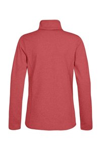 Rode langarmpullover met een opstaande kraag, gemaakt van zachte materialen; heeft een soepele textuur en een relaxed fit aan de onderrand.