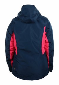 Marinblå jacka med rosa sidpaneler och långa ärmar, med huva, sedd bakifrån mot en vit bakgrund.