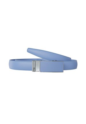 Light blue leather belt with a rectangular silver metal buckle, laid flat with one end slightly raised against white background.