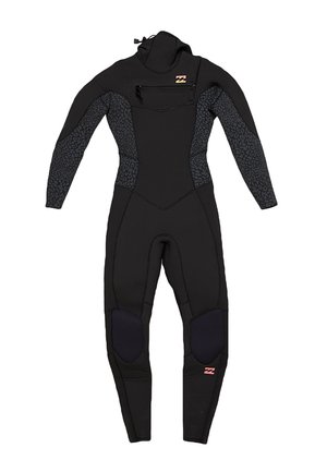 Black wetsuit with textured black accents on sleeves, chest, and knees. Features a front zip pocket and a small logo patch at the hip.