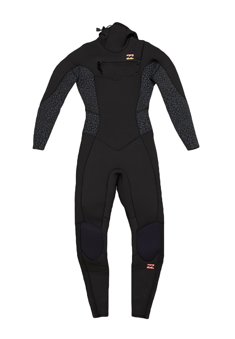 Black wetsuit with textured black accents on sleeves, chest, and knees. Features a front zip pocket and a small logo patch at the hip.