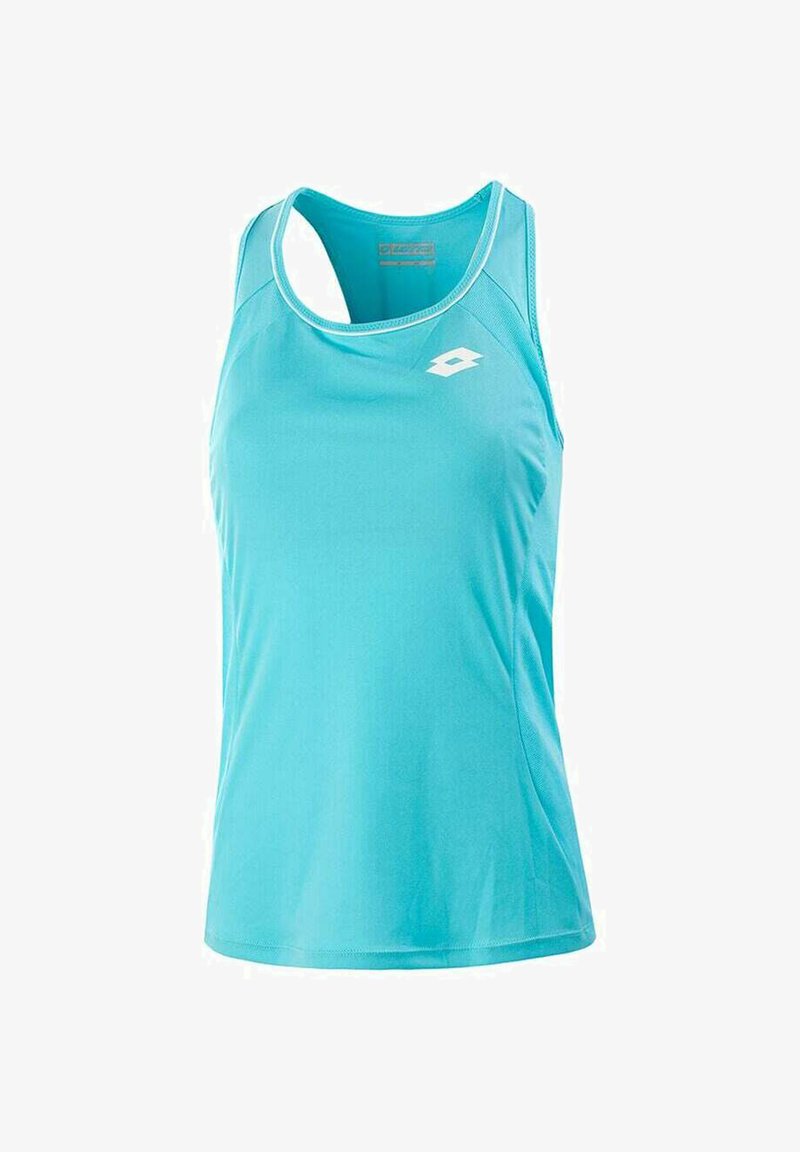 Top sportivo di colore azzurro chiaro con scollatura a barca e design racerback. Realizzato in materiale liscio e traspirante, con un piccolo logo bianco.