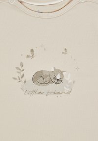 Light beige fabric featuring a sleeping cat graphic in soft gray tones, surrounded by delicate leaves and the text "little friend."