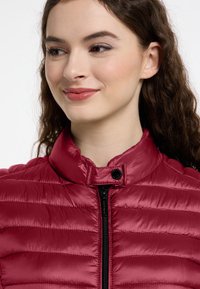 Czerwona kurtka ocieplana z wysokim kołnierzem, z poziomym pikowaniem i zamkiem błyskawicznym z przodu. Gładki, błyszczący materiał z subtelnym połyskiem.