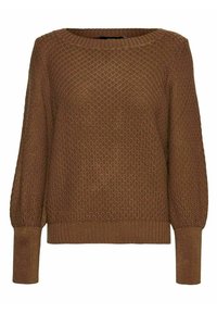 Pull marron tricoté avec motif texturé, manches longues, poignets côtelés, ourlet et encolure ronde.