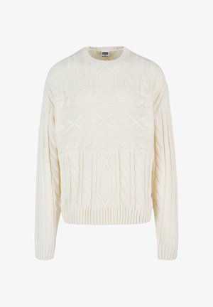 Chunky pleteni kremasti pulover s kabelskim uzorkom, okruglim izrezom, spuštenim ramenima te rebrastim manžetama i rubom. Cjelokupni detalj teksturirane tkanine.