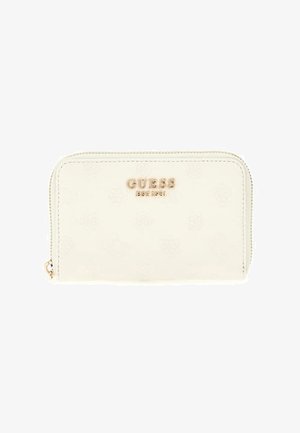 White zippered wallet made of textured synthetic material. Features embossed logo and subtle patterns, with gold-tone hardware accents.