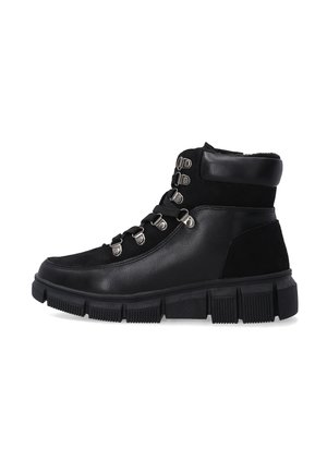 Black ankle boots made of leather and suede, with metal eyelets and a thick rubber sole featuring a textured pattern.