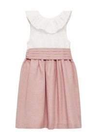 Rosa Kleid mit einem ausgestellten Rock, weißem Oberteil mit strukturierten Punkten und einem gerafften Halsausschnitt. Die Taille wird mit einem gefalteten Band betont.