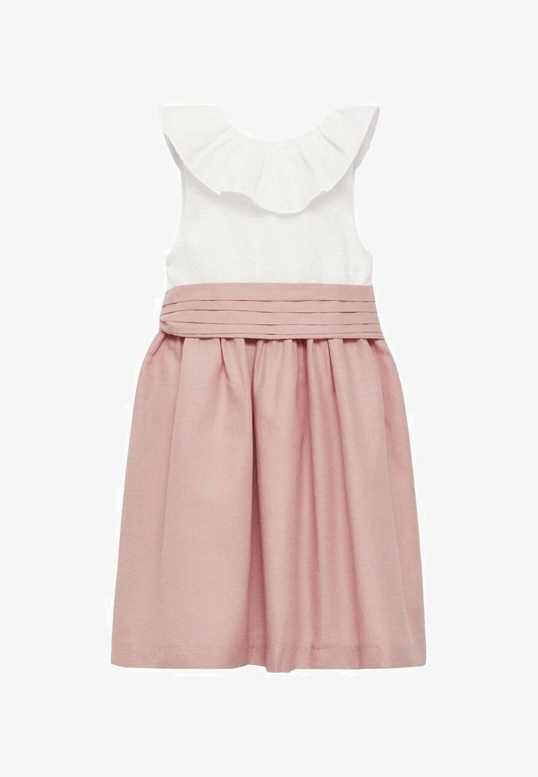 Rochie roz cu fustă evazată, bust alb cu puncte texturate și decolteu volanat. Talie accentuată cu o bandă pliată.