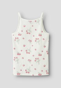 Weißes Tanktop mit Himbeer-Print in Pink und Grün, dünnen Trägern und geradem Saum. Weiche Stoffstruktur.