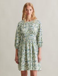 Robe florale en vert clair avec des motifs bleu et blanc. Elle possède un col rond, des manches bouffantes et des fronces à la taille.