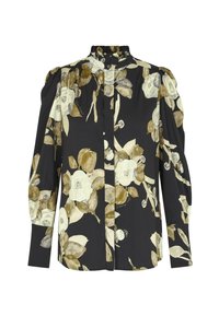 Schwarze Bluse mit langen Ärmeln, beige-weißer Blumenmuster, hohem Rüschensaum, gepufften Schultern und geknöpften Manschetten.