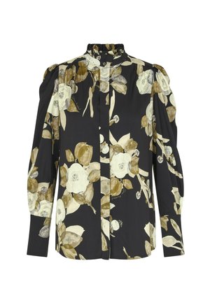 Sort bluse med lange ærmer, beige og hvide blomsterprint, høj flæsekrave, pufskuldre og knaplukning ved håndleddene.