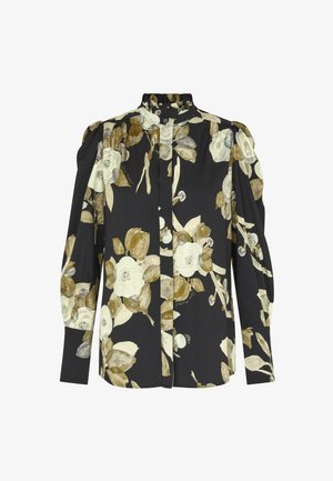 Juoda ilga rankovė bluzonė su smėlio ir baltais gėlių raštais, aukšta raukšlėta apykakle, pūstomis pečių dalimis ir mygtukais užsegamomis rankovėmis.