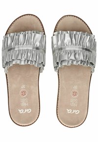 Stříbrné sandály s uzavřenou špičkou, s rýhovaným kovovým páskem, polstrovanou béžovou stélkou a hladkou hnědou podešví; velikost 37.