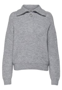 Pull gris clair en maille avec un col montant, une fermeture éclair quart de zip et un motif texturé ; présente des poignets et un ourlet côtelés.