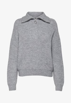 Pull gris clair en maille avec un col montant, une fermeture éclair quart de zip et un motif texturé ; présente des poignets et un ourlet côtelés.