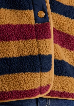 Fleece jacket with horizontal stripes in mustard, burgundy, and navy. Features a textured surface and a button closure.