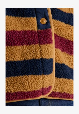 Fleece jacket with horizontal stripes in mustard, burgundy, and navy. Features a textured surface and a button closure.