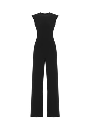 Tuta nera senza maniche con corpetto aderente e pantaloni a gamba larga, esposta su sfondo bianco.