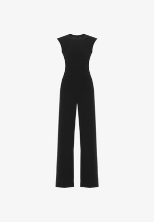 Tuta nera senza maniche con corpetto aderente e pantaloni a gamba larga, esposta su sfondo bianco.