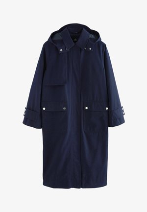 Manteau bleu marine résistant à l'eau avec capuche, fermeture à boutons à l'avant, deux grandes poches avant et poignets ajustables avec boutons-pression.