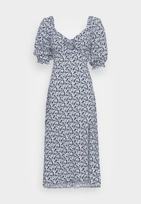 Vestido floral com mangas bufantes, decote quadrado e fenda lateral. O tecido é escuro com padrões florais em branco e azul claro.