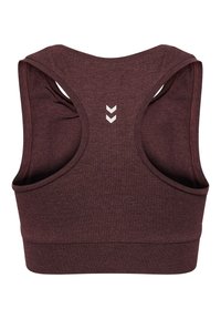 Bordeauxfarbene Sport-BH mit glatter Textur, Racerback-Design und drei weißen Chevron-Mustern auf der Rückseite. Elastisches Band am unteren Rand.