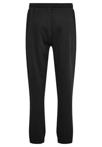Sorte sweatpants med snøre i taljen, tætsiddende ben, elastiske manchetter og en glat tekstur. Ingen synlige mønstre eller accenter.