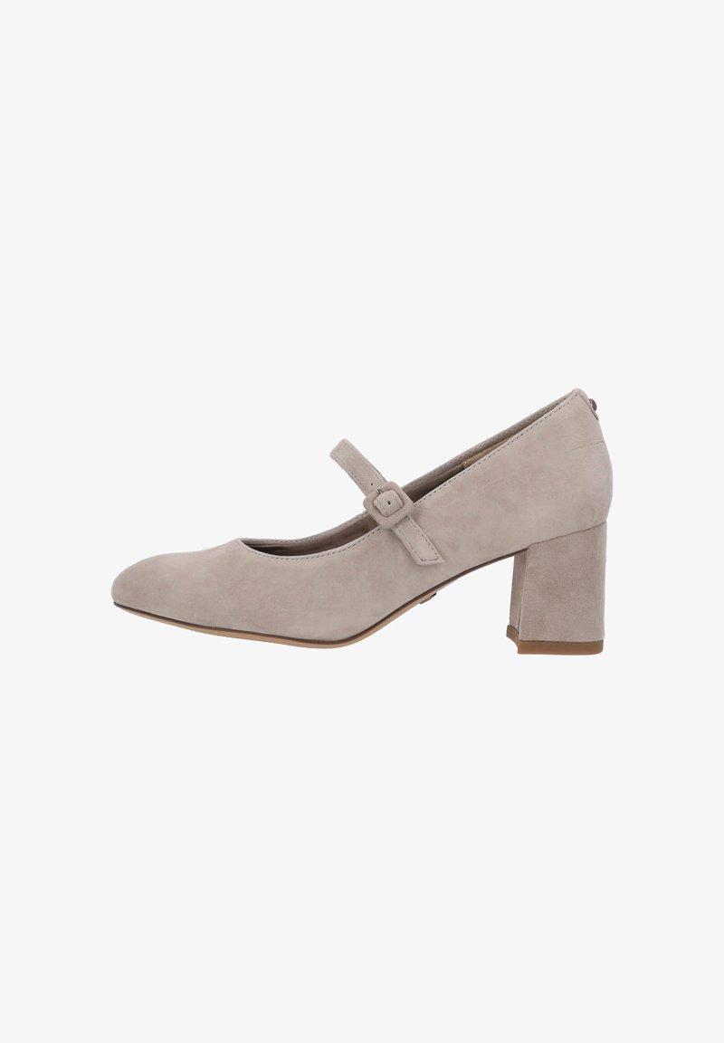 Beige mocka Mary Jane-sko med rund tå, justerbar rem och en klack. Slät textur och minimalistisk design.