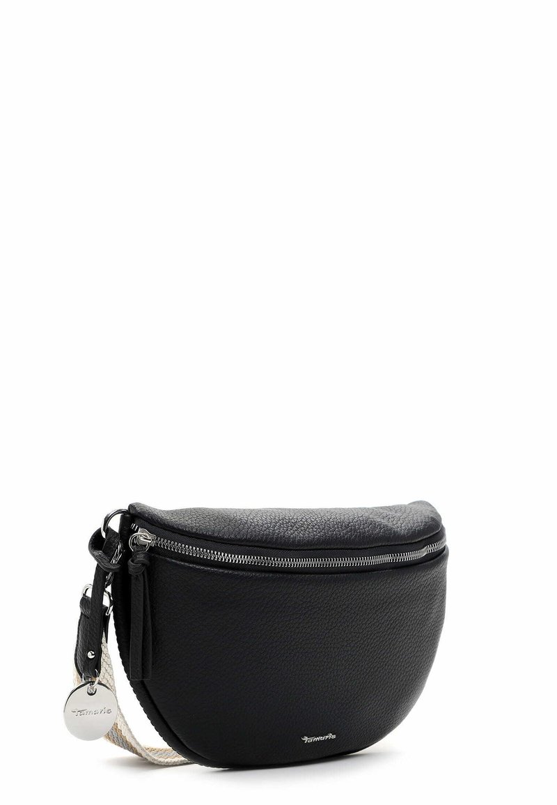 Borsa a tracolla nera in pelle con forma arrotondata, dotata di chiusura con zip, superficie testurizzata, accessori in argento e tracolla intrecciata.