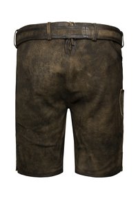 Pantalones cortos de cuero marrón con un acabado texturizado, una cinturilla ancha y un bolsillo lateral. Incluye lazos para cinturón y un aspecto ligeramente desgastado.